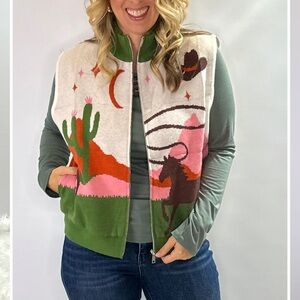 Women's Western-Themed Vest in Green and Pink